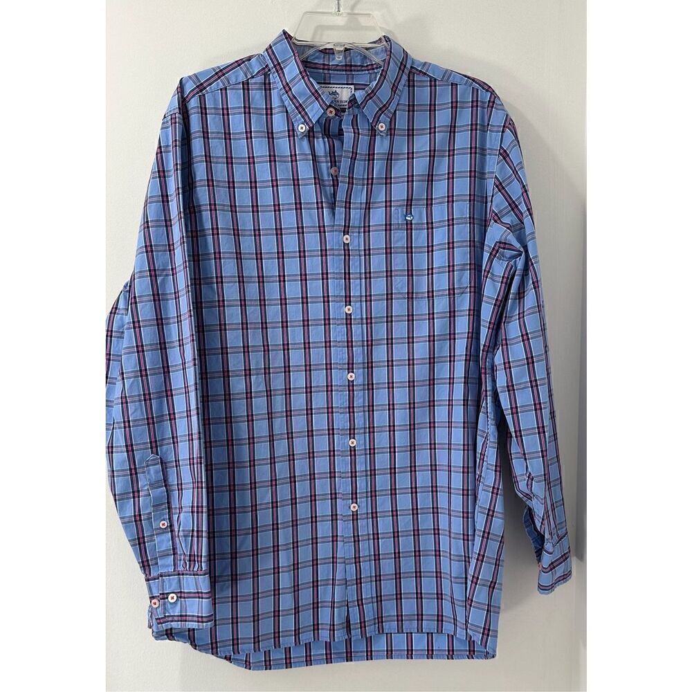 Southern Tide men’s long sleeve blue/pink plaid classic fit shirt size L #45-139